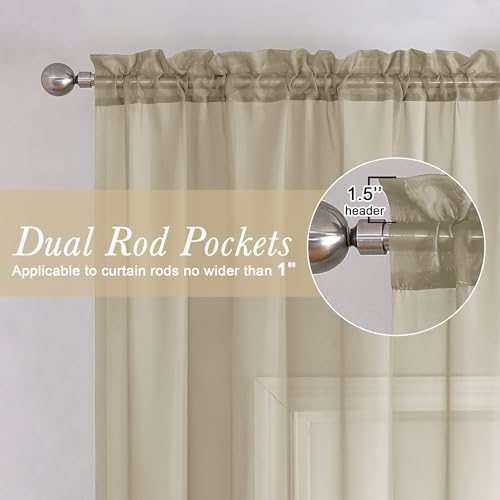 Lecloud Taupe Sheer Curtains 120 Inches Long 2 Panels Set, Rod Pockets