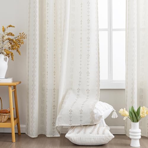 Tab Top Farmhouse Cream Cottage Core Patterned Linen Curtains 84 Inch