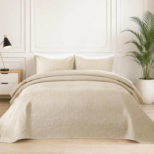 King Size Quilt Bedspread Beige 3-Piece Bedding Set for Bedroom Guest