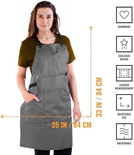 Under NY Sky Work Apron, Cross-Back, Leather Support, Pro Twill, Gray