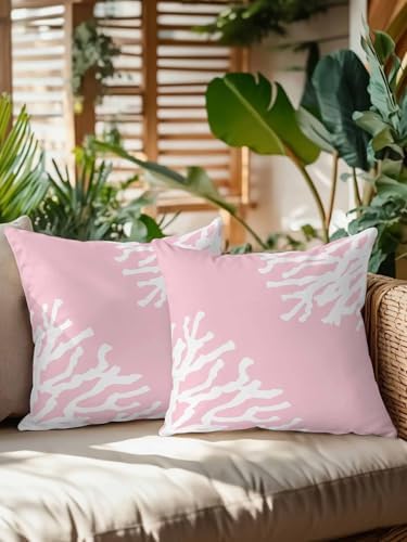 Outdoor Pillows Waterproof Set of 2, Coral Pink Patio Throw Pillows
