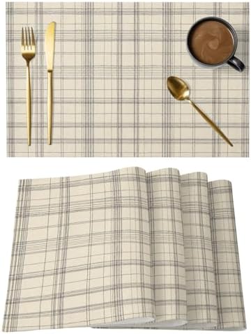 Beige Grid Gingham Placemats Set of 8, Abstract Modern Minimalist Gray