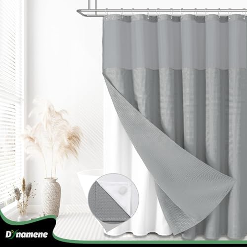 Dynamene Waffle Shower Curtain and Snap-in Fabric Liner Set Grey