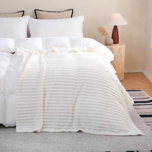 Cream White Fleece Throw Blanket 108”×90” for Couch Sofa Livingroom