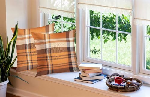 EMMTEEY Orange Brown Tartan Plaid Checkered Pillow Covers 22x22 Set of