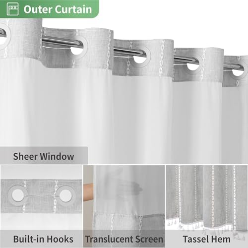 eachope Grey Farmhouse No Hook Shower Curtain Set with Snap-in Fabric
