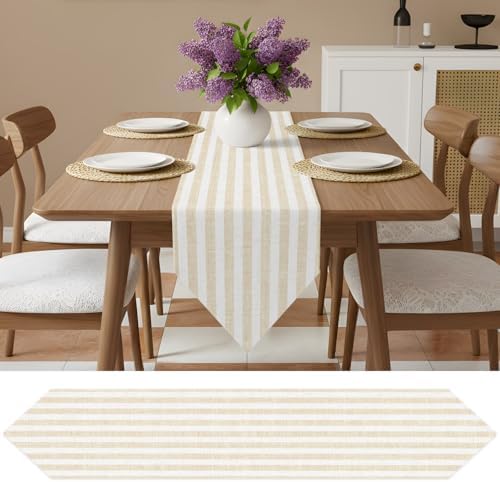 Table Runner 108 Inches Long, Beige Striped Table Runners for Dining