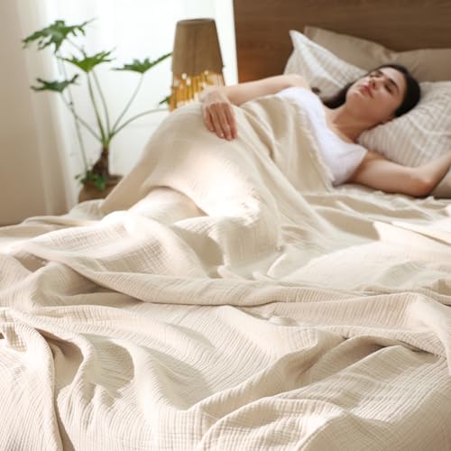 MooMee 100% Cotton Muslin Blanket Fringed 4-Layer Gauze Bed Throw