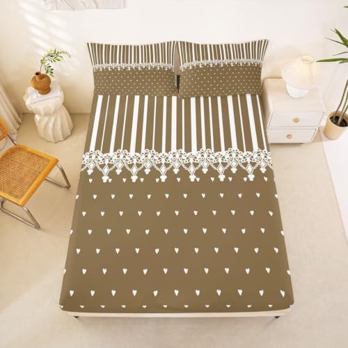 Erosebridal Taupe Heart Striped Bed Sheets Queen for Kids Girls Boys