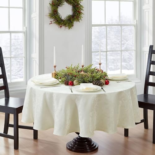 Poinsettia Elegance Jacquard Holiday Tablecloth, Ivory - 90" W x 90" L