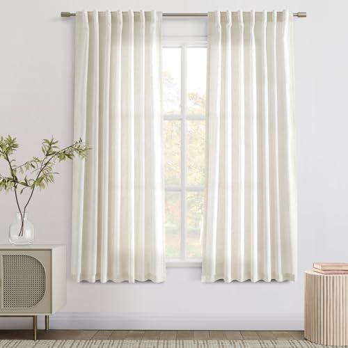 Joywell Linen Curtains 63 Inches Long for Living Room Hook Belt Cream
