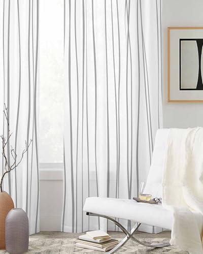 Gray Striped Sheer Curtains 63 Inch Length Grommet Semi Sheer Drapes