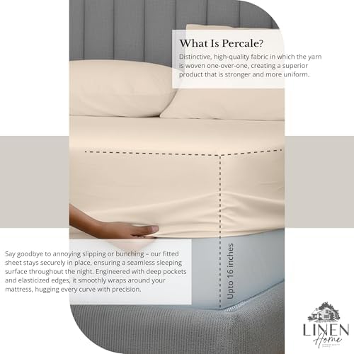 Linen Home 4 Piece Twin Size 100% Cotton Percale Sheet Set, Ivory