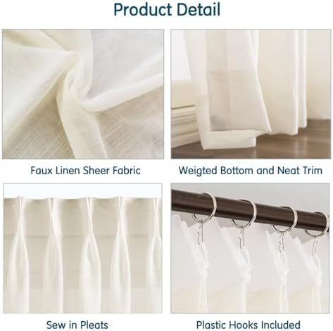 LETAU Faux Linen Cream Sheer Curtains 63 inches Long, Light Filtering