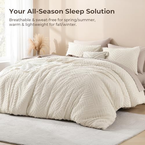 Litanika King Size Comforter Set, 3 Pieces Beige Tufted Boho Bedding