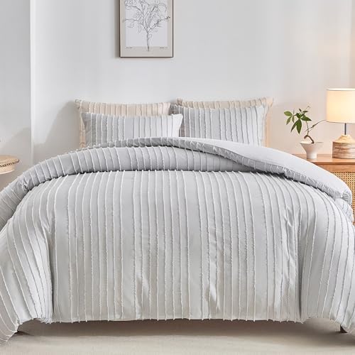 WARMDERN Light Grey Striped Duvet Cover, BohoTextured Duvet Cover
