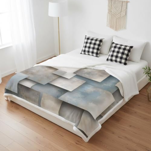 Abstract Block Sherpa Fleece Blanket Minimalist Beige Gray Raised