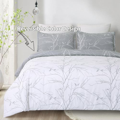 Vaulia Microfiber Duvet Cover Set King, Light Grey Branch