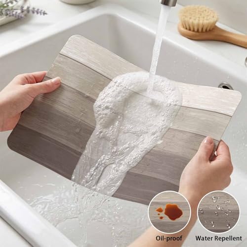 Faux Leather Placemats Set of 6 Khaki Wood Grain Waterproof Heat