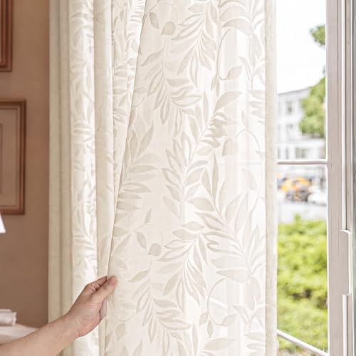 Floral Sheer Curtains Rod Pocket 72 Inches 2 Panels Beige