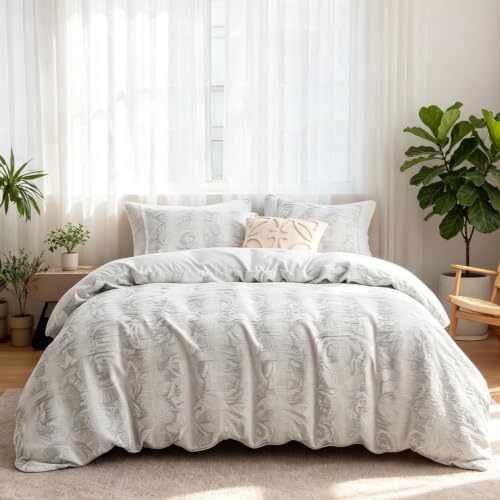 SLEEP ZONE Duvet Cover Set Queen, White Modern Jacquard Bedding Set