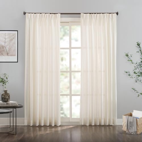 LETAU Faux Linen Cream Sheer Curtains 63 inches Long, Light Filtering