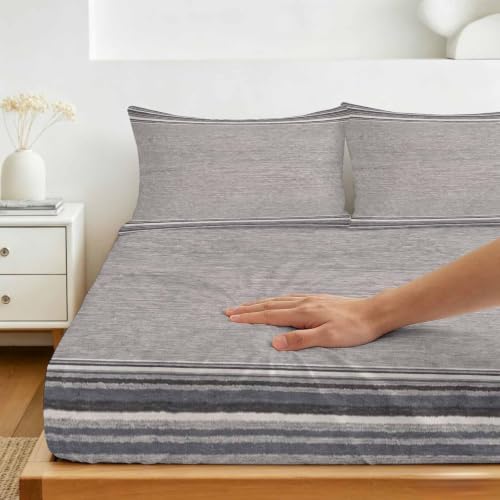 Queen Fitted Sheet Deep Pocket, Neutral Light Gray Soft Microfiber
