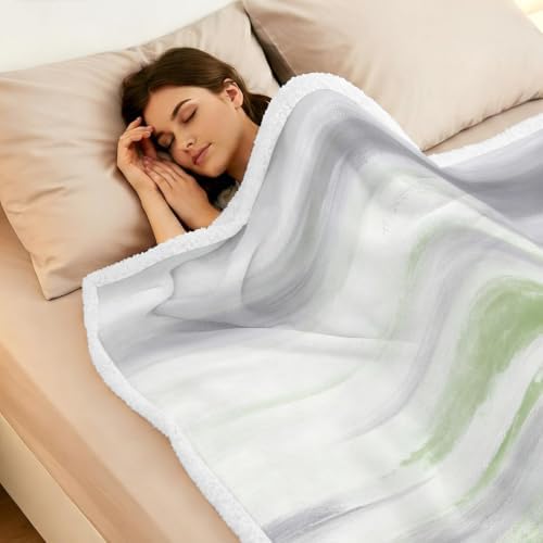 Fleece Sherpa Bed Blankets, Sage Green Gray Microfiber Plush Flannel