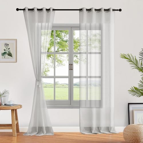 Fcosie Natural Flax Texture Stripe Sheer Curtain 63 inches Length