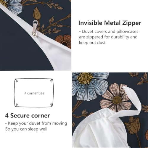 Charcoal Gray Retro Floral Vines King Duvet Cover Set Microfiber