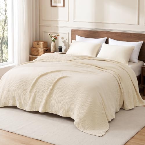 Love's cabin 100% Cotton Muslin Blanket California King, Beige