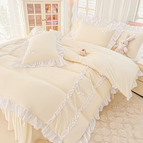 IHOUSTRIY Ruffle Duvet Cover Full Size, Cute Bedding Set Set with Bow
