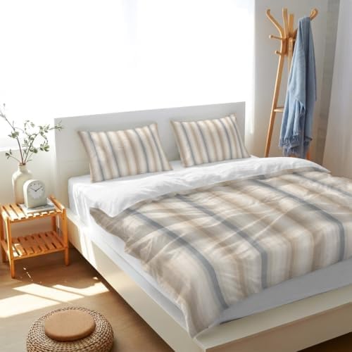 Brown Gray Striped Duvet Cover Queen Size, Modern Boho Stripes