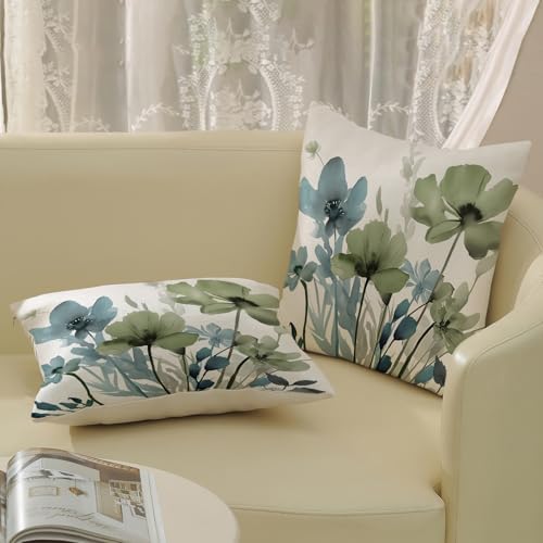 Spring Floral Pillow Covers 22x22 Inches Set of 2 Sage Green Blue