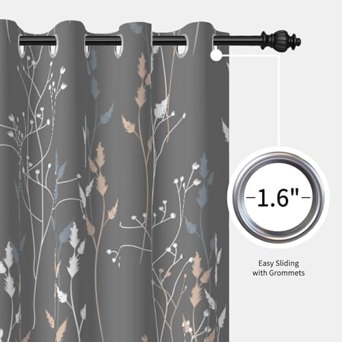 Gray Leaves Blackout Curtains 63 Inch Length, Room Darkening Curtains