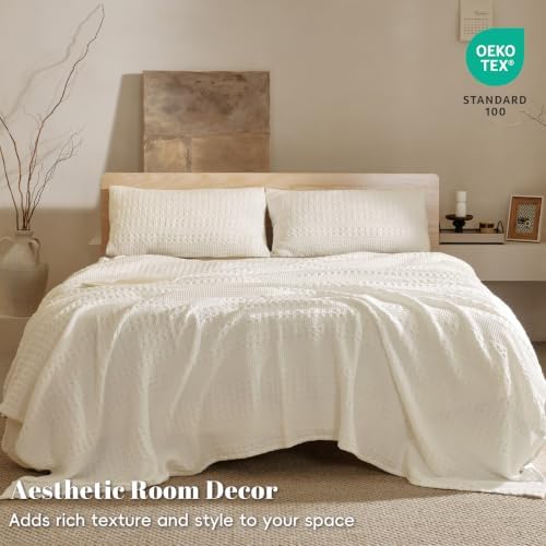 PHF Lightweight 100% Cotton Waffle Blanket for Bed, King, Ivory