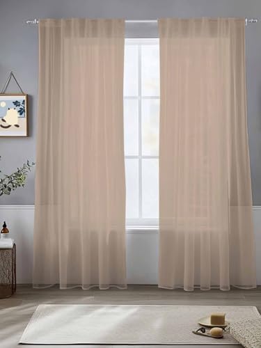 Beige Solid Color Sheer Curtains 108 Inch Length 2 Panels Set