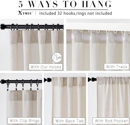 XTMYI Oatmeal Beige Back Tab/Hook Belt Linen Cotton Sheer Curtains