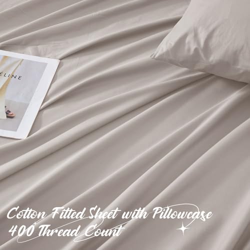 Homiest Beige Cotton Fitted Sheet & Pillowcase Set, Twin 400TC