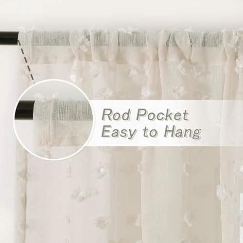 MYSKY HOME Beige Boho Sheer Curtains with Cream Pom Pom 36Wx72L,2