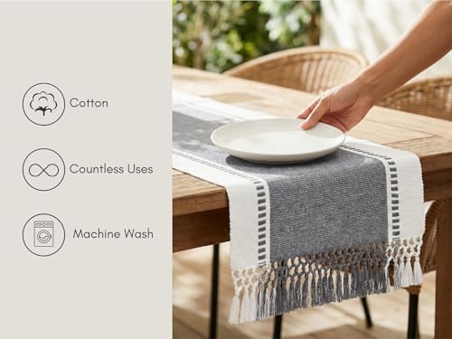PurpleEssences Dobby Stripe Table Runner, 14x72 - Mineral Gray &