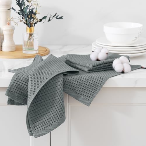 Kitinjoy 100% Cotton Waffle 6-Pack Kitchen Towels, 12" x 12", Grey