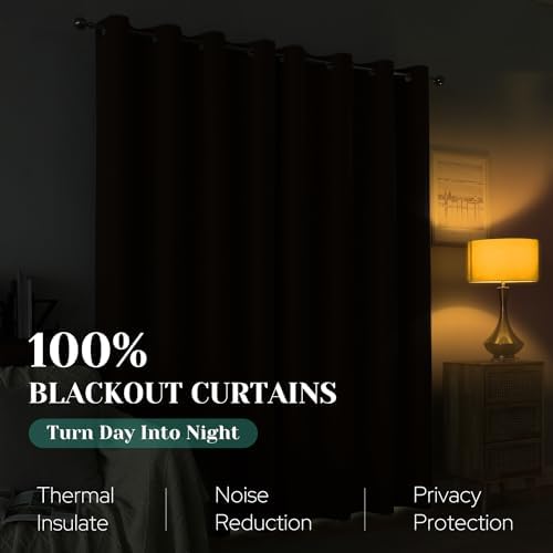 HOMEIDEAS 100% Blackout Brown Linen Curtains 52W x 96L 2 Panels