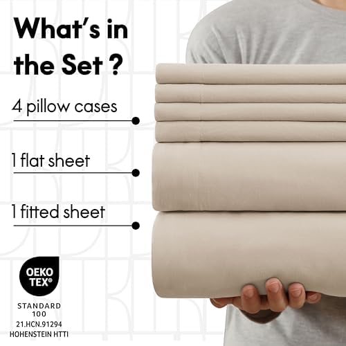 ELLE Decor Queen Garment Washed Microfiber Sheet Set, 6-Piece, Taupe