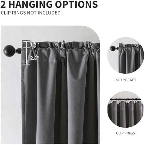 CUCRAF Grey Velvet 100% Blackout Curtains 63 inches Long, Thermal