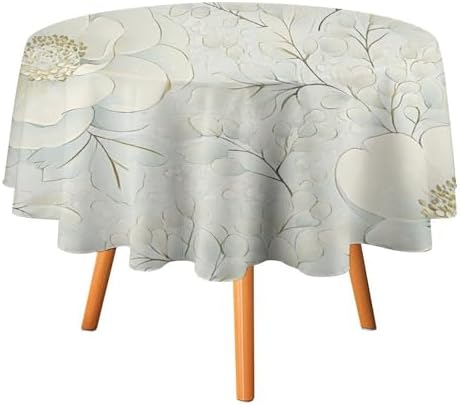 Round Tablecloth Minimalist Flower Petal, Washable Beige Leaf Garden