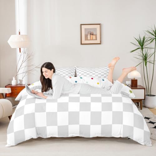 Manfei Neutral Checkerboard Duvet Cover Set,Simple Block Comforter