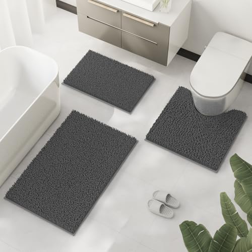 Bathroom Rugs Sets 3 Piece, Extra Soft Absorbent Chenille Bath Rugs