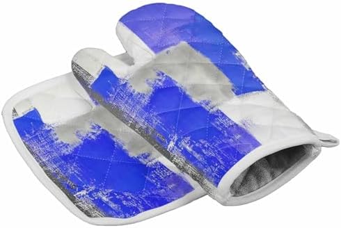 Quilted Cotton Terry Cloth Oven Mitt, Pot Holder Blue Grey White Smear