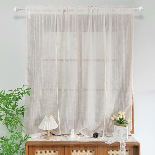 1 Panel Beige Striped Tie-up Linen Curtain with Crocheted Lace Trim